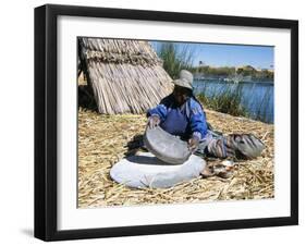 Uros (Urus) Woman Grinding Corn, Islas Flotantas, Reed Islands, Lake Titicaca, Peru, South America-Tony Waltham-Framed Photographic Print