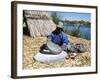 Uros (Urus) Woman Grinding Corn, Islas Flotantas, Reed Islands, Lake Titicaca, Peru, South America-Tony Waltham-Framed Photographic Print