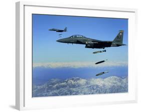 US Air Force F-15E Strike Eagle Aircraft Drops 2,000-Pound Joint Direct Attack Munitions-null-Framed Photographic Print