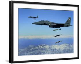 US Air Force F-15E Strike Eagle Aircraft Drops 2,000-Pound Joint Direct Attack Munitions-null-Framed Photographic Print