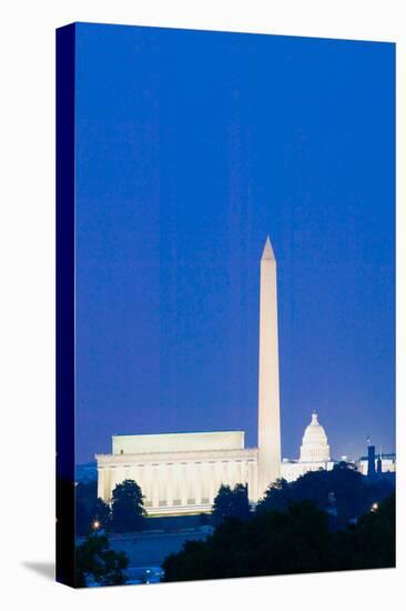 US Capitol, Washington Monument and Lincoln Memorial in Washington D.C. at dusk with blue sky-null-Stretched Canvas