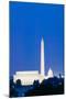 US Capitol, Washington Monument and Lincoln Memorial in Washington D.C. at dusk with blue sky-null-Mounted Photographic Print