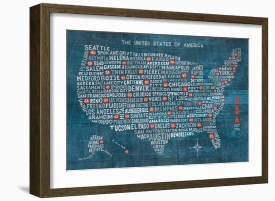 US City Map on Wood Blue-Michael Mullan-Framed Art Print