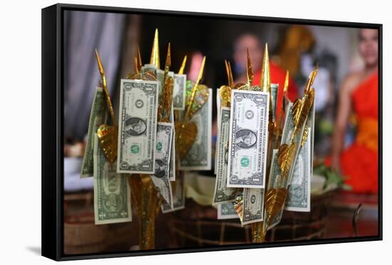 US dollars on Buddhist money tree to make merit and donate to local temple, Wat Naxai Temple-Godong-Framed Stretched Canvas