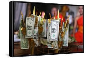 US dollars on Buddhist money tree to make merit and donate to local temple, Wat Naxai Temple-Godong-Framed Stretched Canvas