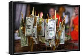 US dollars on Buddhist money tree to make merit and donate to local temple, Wat Naxai Temple-Godong-Framed Photographic Print