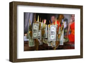 US dollars on Buddhist money tree to make merit and donate to local temple, Wat Naxai Temple-Godong-Framed Photographic Print