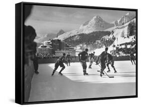 US Hockey Team Playing the Swiss at the Winter Olympics-null-Framed Stretched Canvas