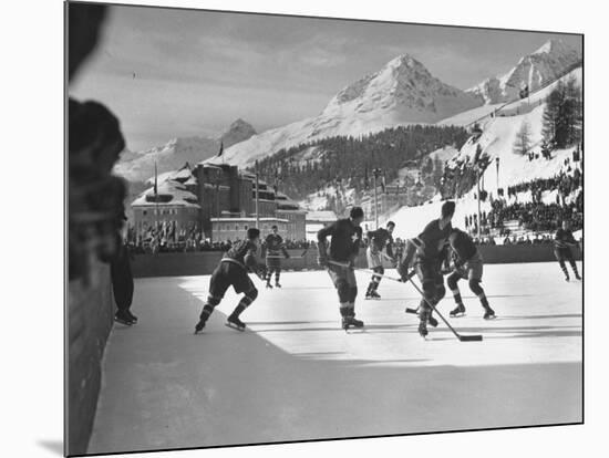 US Hockey Team Playing the Swiss at the Winter Olympics-null-Mounted Photographic Print