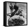 US Marine Jesse Goin Carrying His Dog Towards the Front During the Fighting on Kwajalein-George Strock-Framed Stretched Canvas