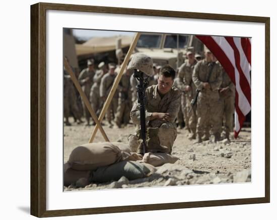 US Marine Pays His Respects to LCpl Joshua Bernard During a Memorial Service at Base in Afghanistan-null-Framed Photographic Print