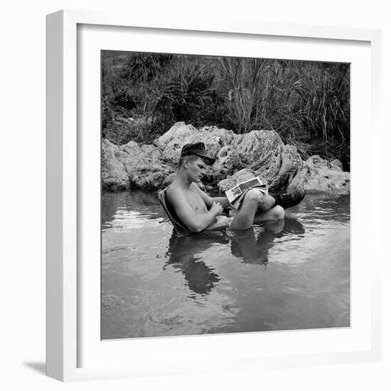 US Marine Rifleman Relaxes in a Cool Mountain Stream, Vietnam, 1968-null-Framed Photo