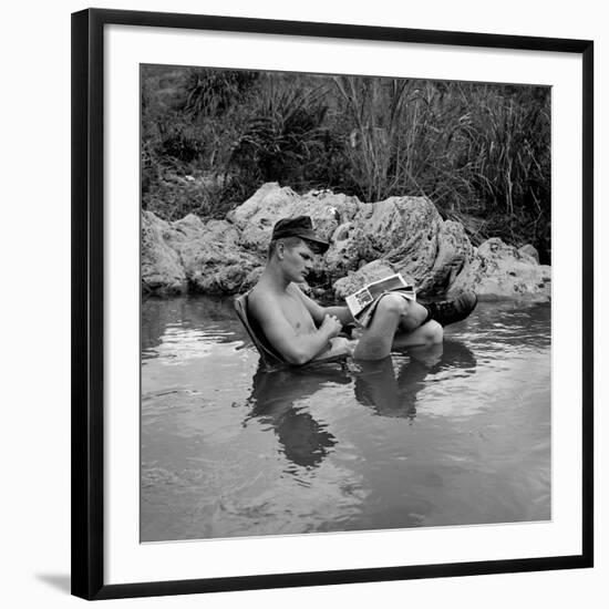 US Marine Rifleman Relaxes in a Cool Mountain Stream, Vietnam, 1968-null-Framed Photo