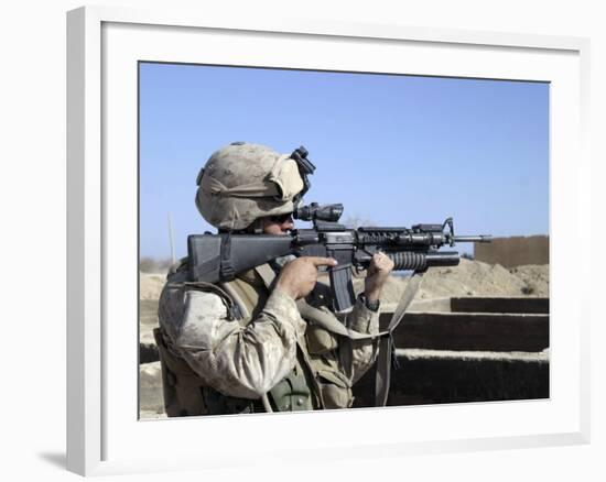 US Marine Sites Through the Scope Atop His 556mm M16A2 Rifle-Stocktrek Images-Framed Photographic Print