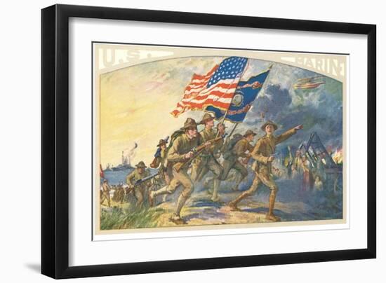 US Marines Advancing with Flags-null-Framed Art Print