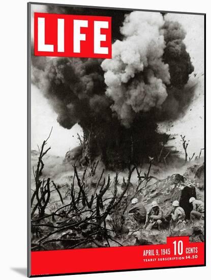 US Marines Behind Hillside Cover, Blowing up Connection to Japanese Blockhouse, WWII, April 9, 1945-W. Eugene Smith-Mounted Photographic Print