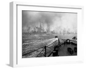 US Marines in Landing Craft Approaching Peleliu Island to Attack Occupying Japanese Forces There-null-Framed Photographic Print