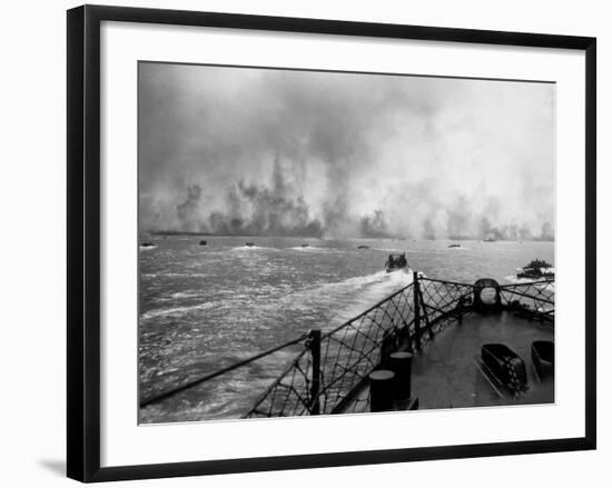 US Marines in Landing Craft Approaching Peleliu Island to Attack Occupying Japanese Forces There-null-Framed Photographic Print