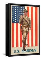 US Marines, Marine in front of Flag with Pistol-null-Framed Stretched Canvas