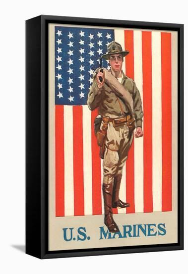 US Marines, Marine in front of Flag with Pistol-null-Framed Stretched Canvas