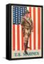 US Marines, Marine in front of Flag with Pistol-null-Framed Stretched Canvas