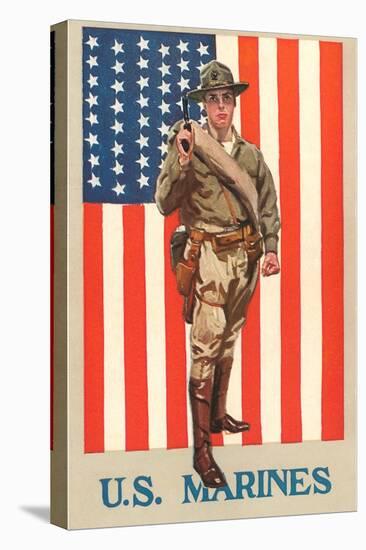 US Marines, Marine in front of Flag with Pistol-null-Stretched Canvas