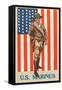 US Marines, Marine in front of Flag with Pistol-null-Framed Stretched Canvas