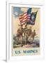 US Marines - Soldiers on Shore with US and Marine Flags-null-Framed Art Print