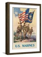 US Marines - Soldiers on Shore with US and Marine Flags-null-Framed Art Print