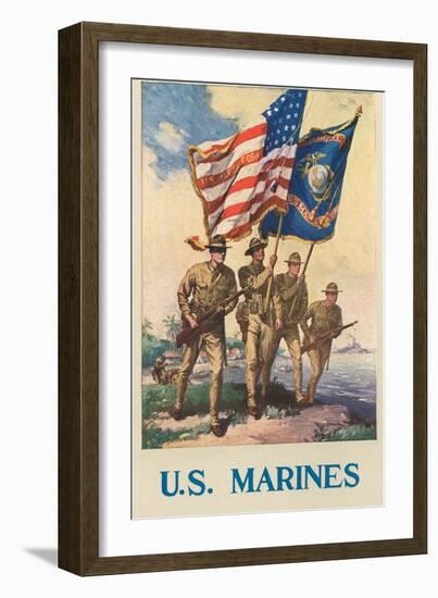 US Marines - Soldiers on Shore with US and Marine Flags-null-Framed Art Print