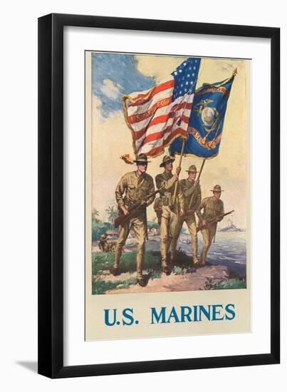 US Marines - Soldiers on Shore with US and Marine Flags-null-Framed Art Print