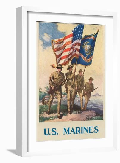 US Marines - Soldiers on Shore with US and Marine Flags-null-Framed Art Print