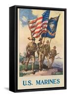 US Marines - Soldiers on Shore with US and Marine Flags-null-Framed Stretched Canvas