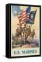 US Marines - Soldiers on Shore with US and Marine Flags-null-Framed Stretched Canvas