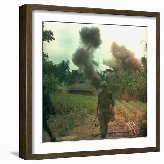 US Marines Walk Away from Blown Up Viet Cong Base, May 1966-null-Framed Photo