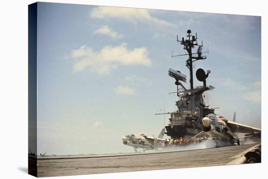 US Navy A-7 Corsair Jet Airplanes Launching from Carrier-null-Stretched Canvas