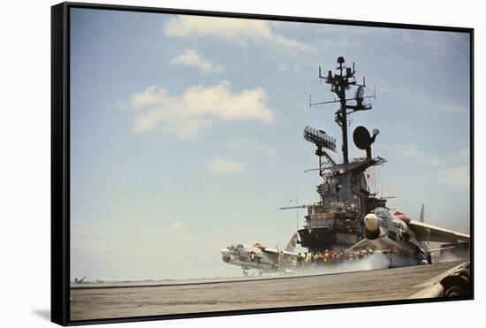 US Navy A-7 Corsair Jet Airplanes Launching from Carrier-null-Framed Stretched Canvas