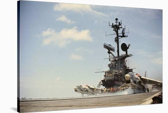 US Navy A-7 Corsair Jet Airplanes Launching from Carrier-null-Stretched Canvas