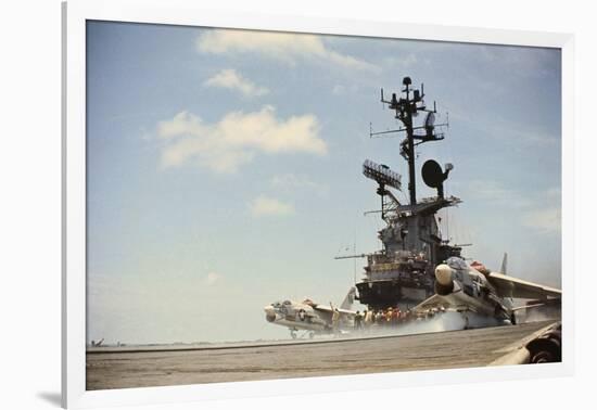 US Navy A-7 Corsair Jet Airplanes Launching from Carrier-null-Framed Photographic Print