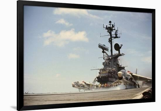 US Navy A-7 Corsair Jet Airplanes Launching from Carrier-null-Framed Photographic Print