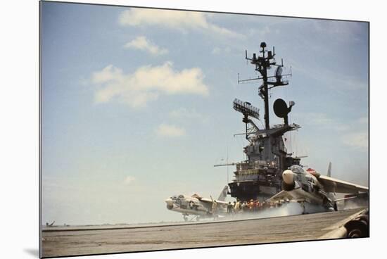 US Navy A-7 Corsair Jet Airplanes Launching from Carrier-null-Mounted Photographic Print
