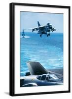 US Navy Corsair Jet Preparing for Landing on Carrier-null-Framed Photographic Print