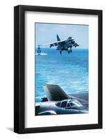 US Navy Corsair Jet Preparing for Landing on Carrier-null-Framed Photographic Print