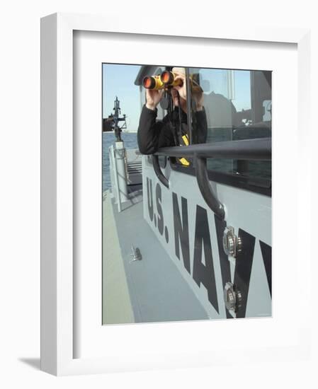 Us Navy Mate Looks Through Binoculars as He Patrols the Coastal Waters of the Persian Gulf-Stocktrek Images-Framed Photographic Print