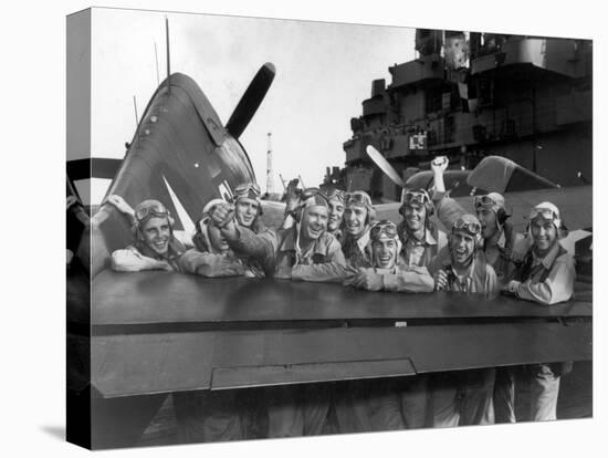 US Navy Pilots Give Grinning Group Portrait Across Tail of F-6F Hellcat on Board USS Lexington-Edward J^ Steichen-Stretched Canvas