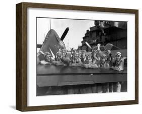 US Navy Pilots Give Grinning Group Portrait Across Tail of F-6F Hellcat on Board USS Lexington-Edward J^ Steichen-Framed Photographic Print