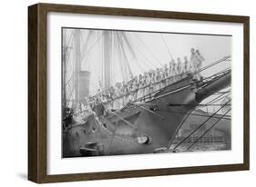 Us Navy Sailors on the Newport Training Ship Lined Up on Bowsprit-null-Framed Art Print