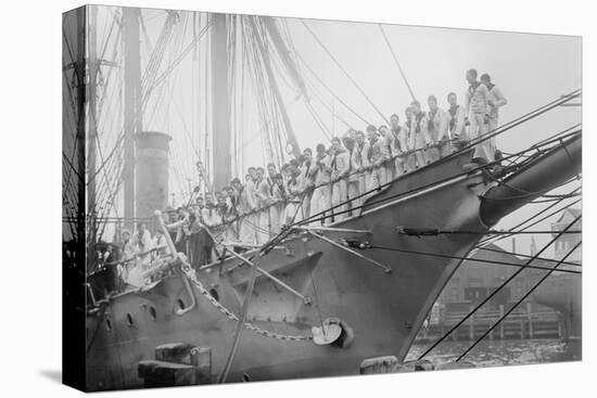 Us Navy Sailors on the Newport Training Ship Lined Up on Bowsprit-null-Stretched Canvas