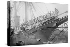 Us Navy Sailors on the Newport Training Ship Lined Up on Bowsprit-null-Stretched Canvas