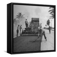 US Navy Seabees Spreading Asphalt During Creation of Air Base-J^ R^ Eyerman-Framed Stretched Canvas